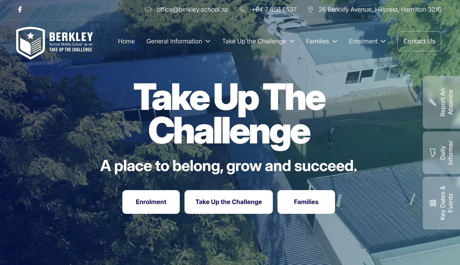 Berkley school website with its school identity, welcome message and routes for families
