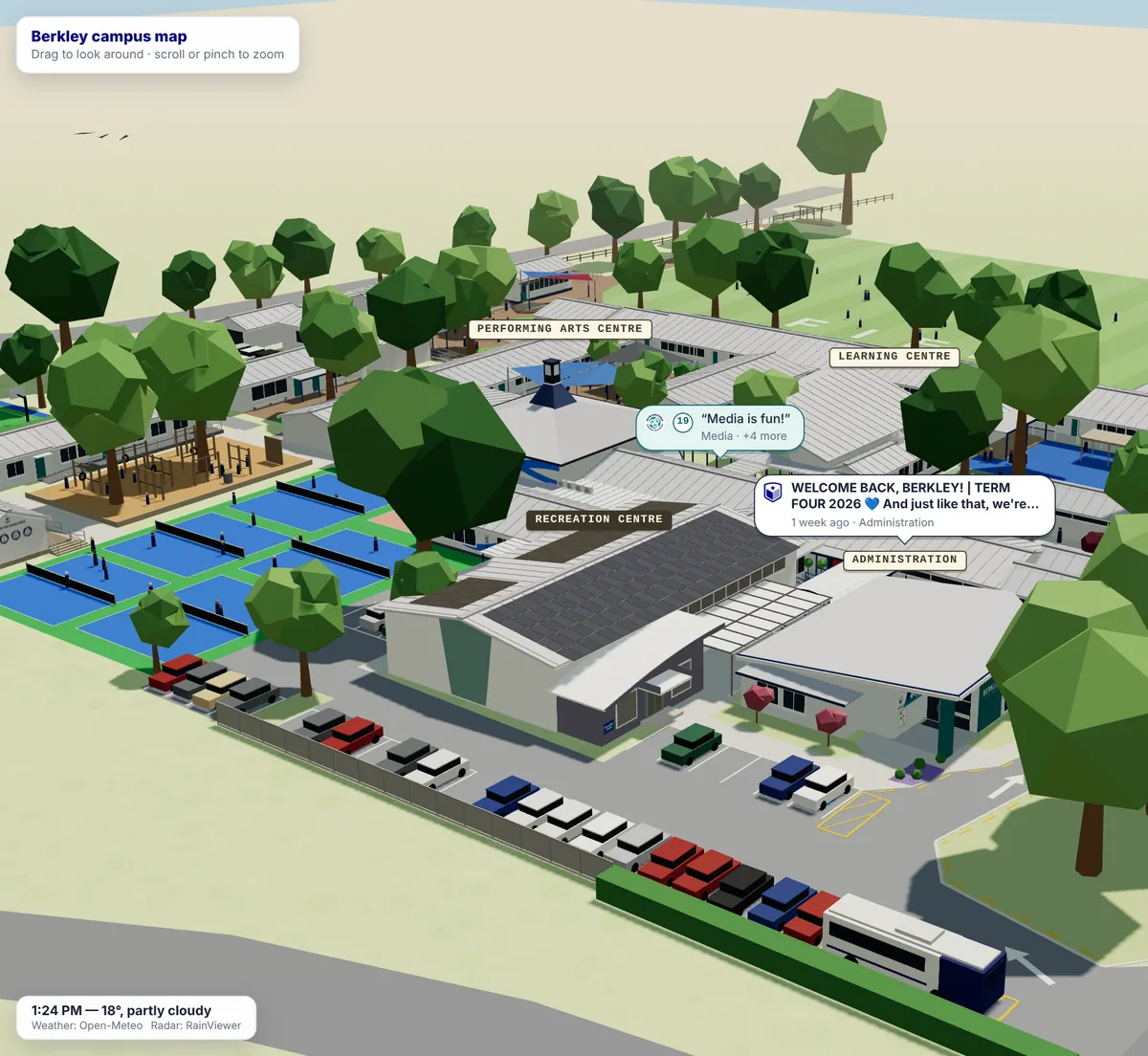 Close-up of the 3D campus at lunchtime: student comments over Media and Food Tech and a school news post over the office
