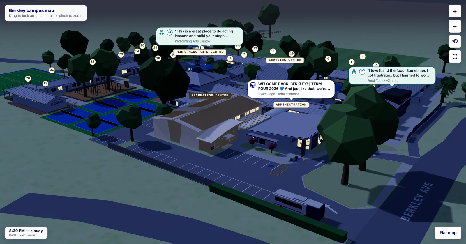 The same 3D view of the school at 8:30pm, with the staff car park empty and classroom windows lit
