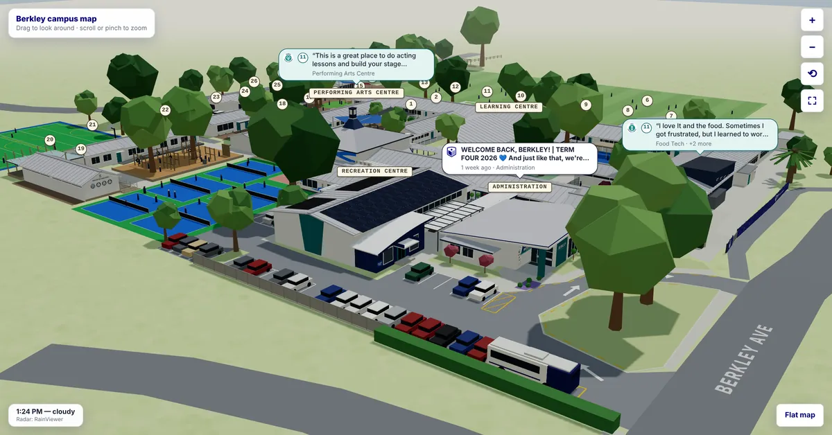 3D model of Berkley Normal Middle School at lunchtime, with student comments and a school news post over the buildings