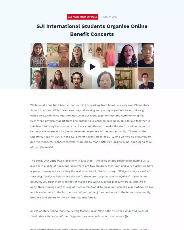 Online article about SJI International students’ online benefit concert, crediting Carl Rayner as Head of ESTV