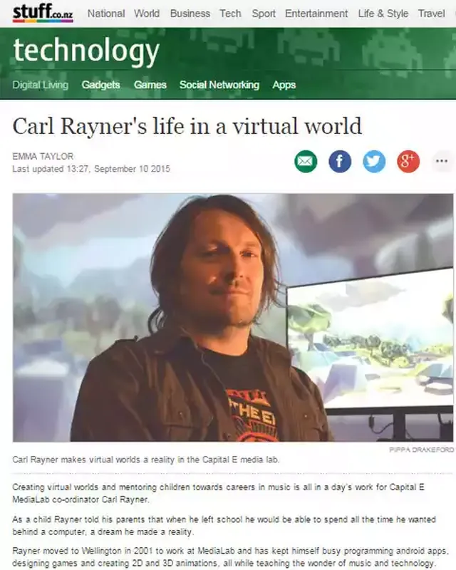 Stuff technology article about Carl Rayner at the Capital E MediaLab