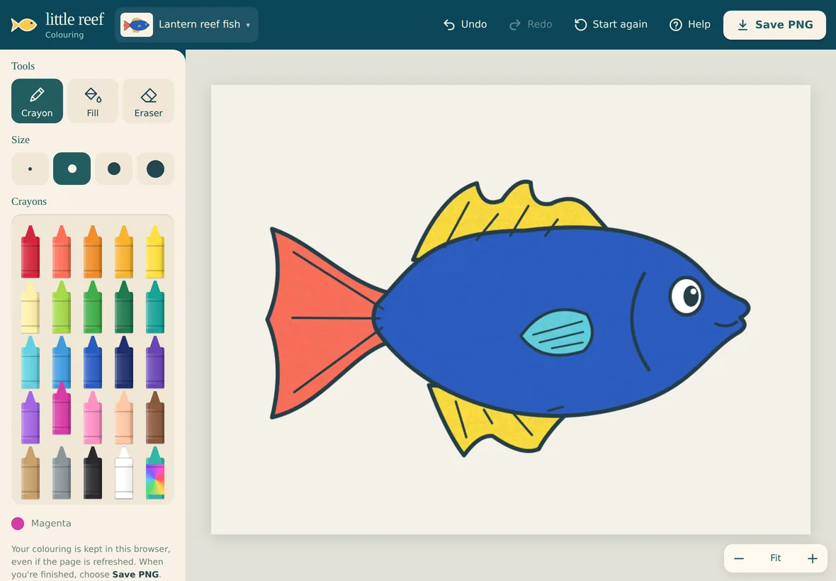 Little Reef colouring app with crayon, fill and eraser tools and a coloured reef fish