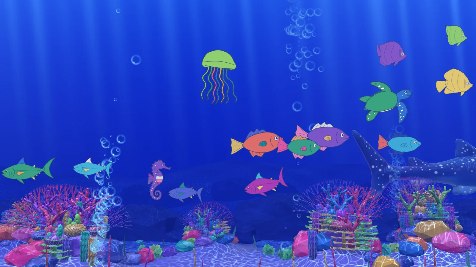 Little Reef aquarium: coloured drawings of fish, a jellyfish and a turtle swimming over an illustrated 3D coral reef as a whale shark passes