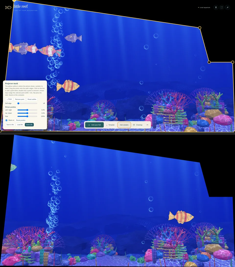 Projector mask editor with yellow corner points drawn around an uneven wall shape, above the masked aquarium output