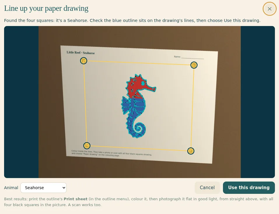 A photographed paper colouring sheet of a seahorse, with its four corner markers found and outlined