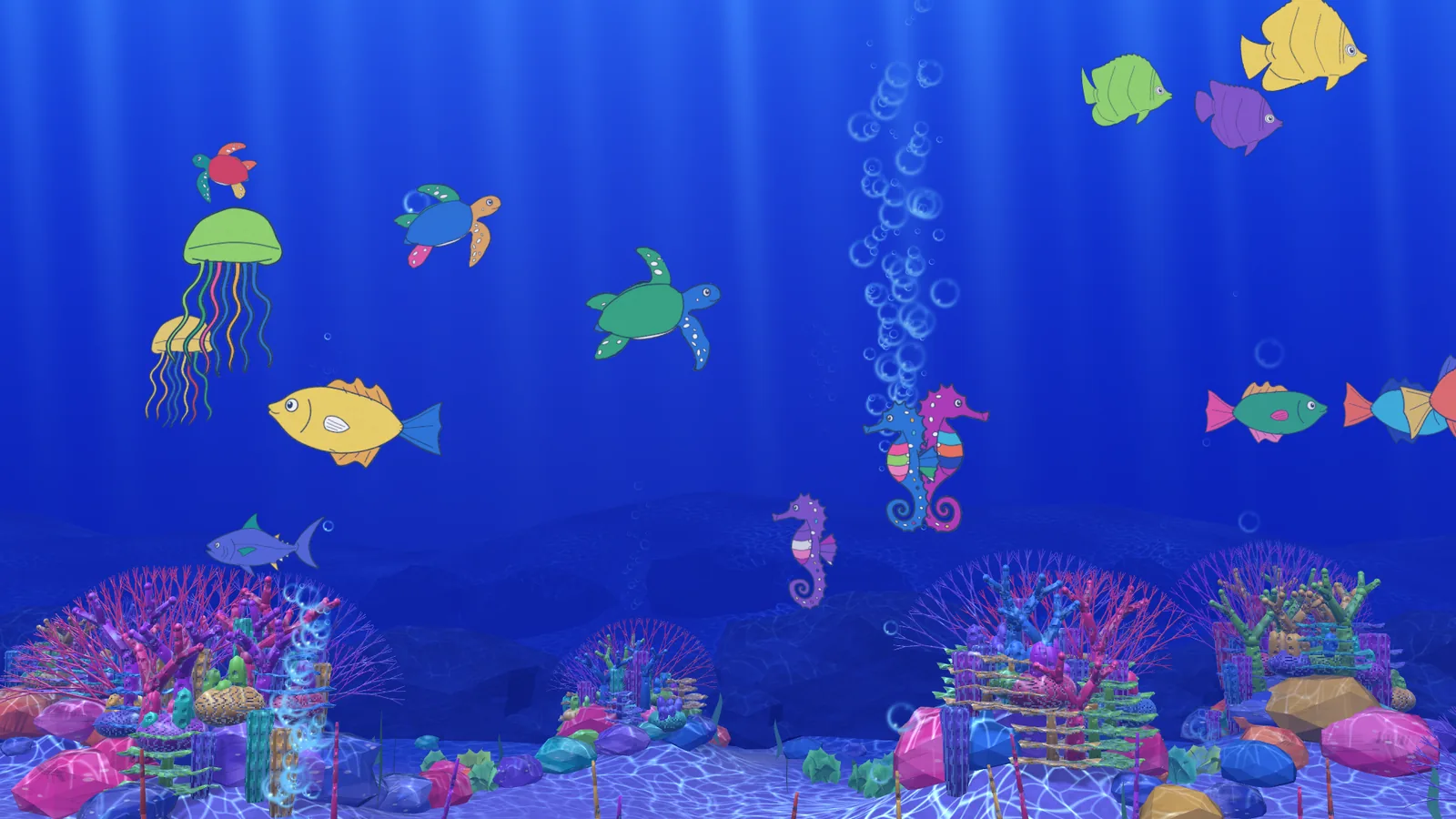 Coloured turtles, seahorses, jellyfish and reef fish swimming together over the illustrated reef