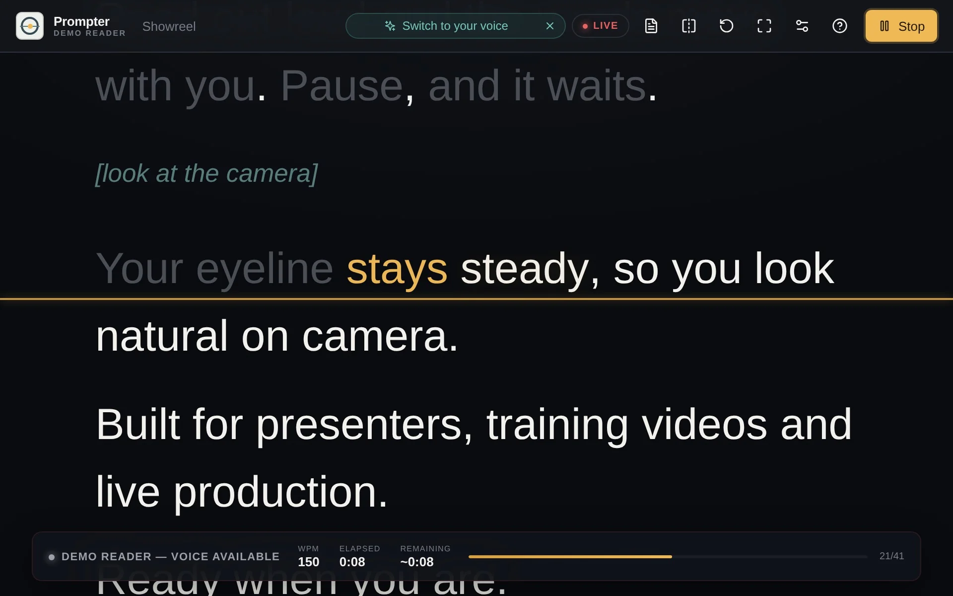 Prompter’s demo reader following a script, with the current words highlighted on the reading line