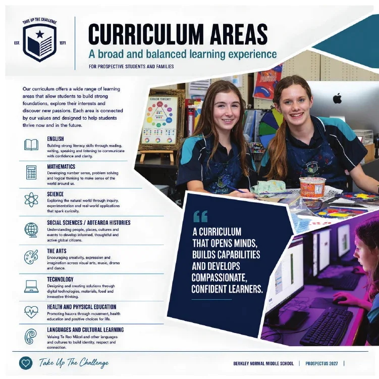 Curriculum Areas page from the Berkley prospectus, combining subject information with school photography