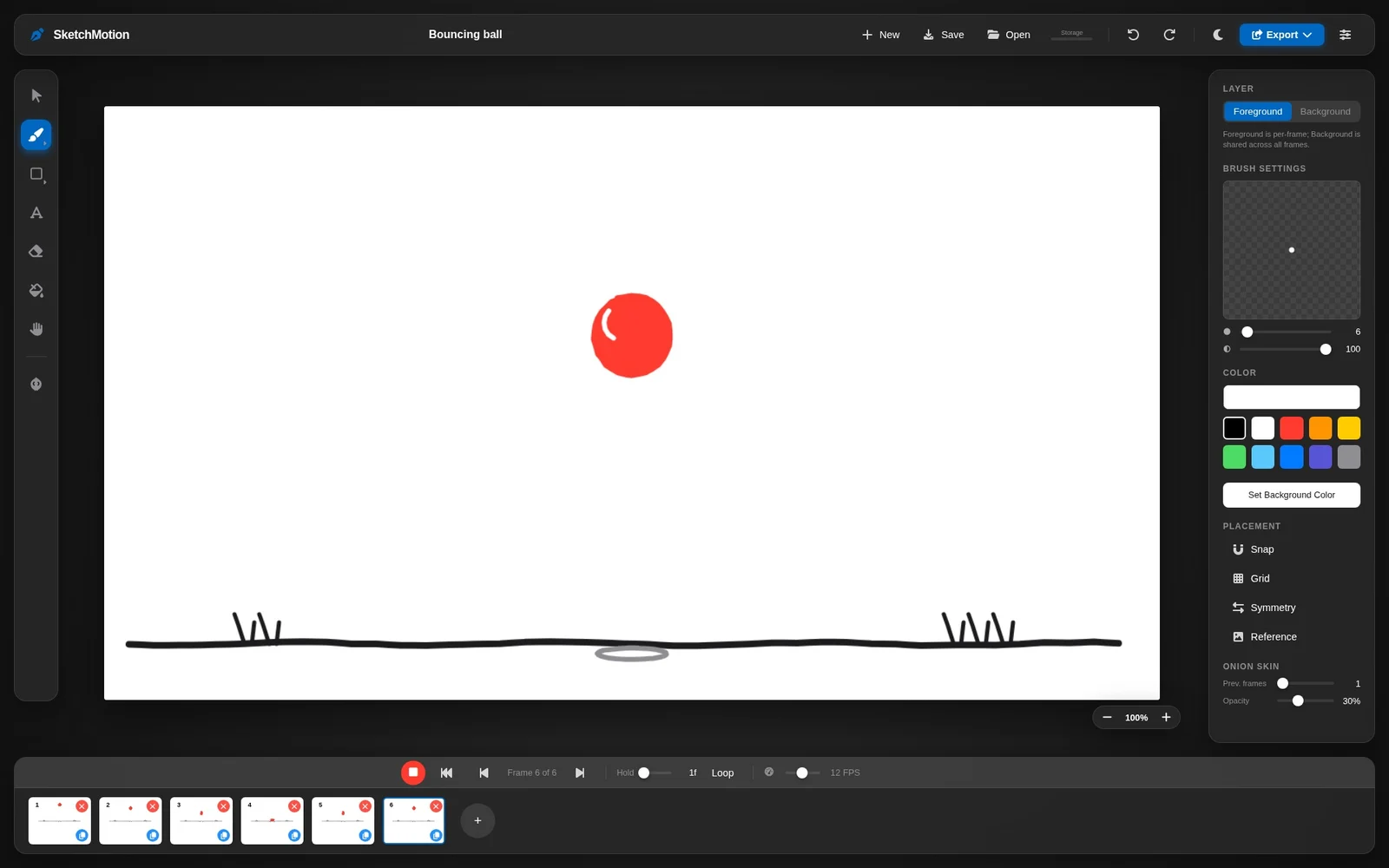 SketchMotion playing back a hand-drawn bouncing-ball animation