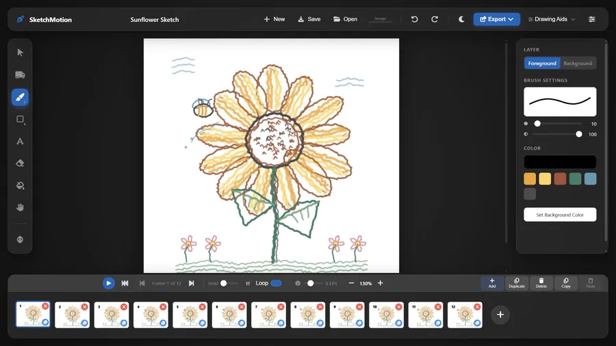 SketchMotion drawing and timeline