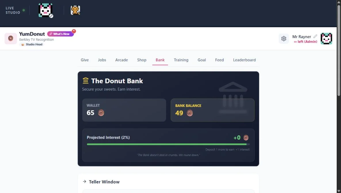 YumDonut’s virtual donut wallet, bank balance and interest preview in Carl’s account