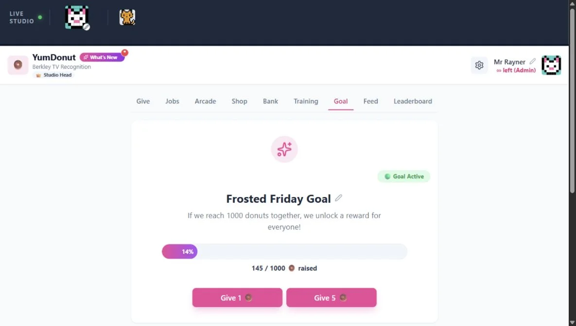YumDonut’s Frosted Friday team goal, showing 145 of 1,000 donuts raised and contribution controls
