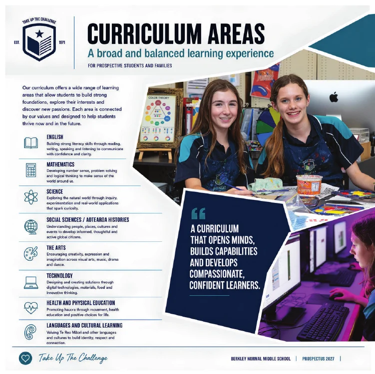 Curriculum Areas page from the Berkley prospectus, combining subject information with school photography