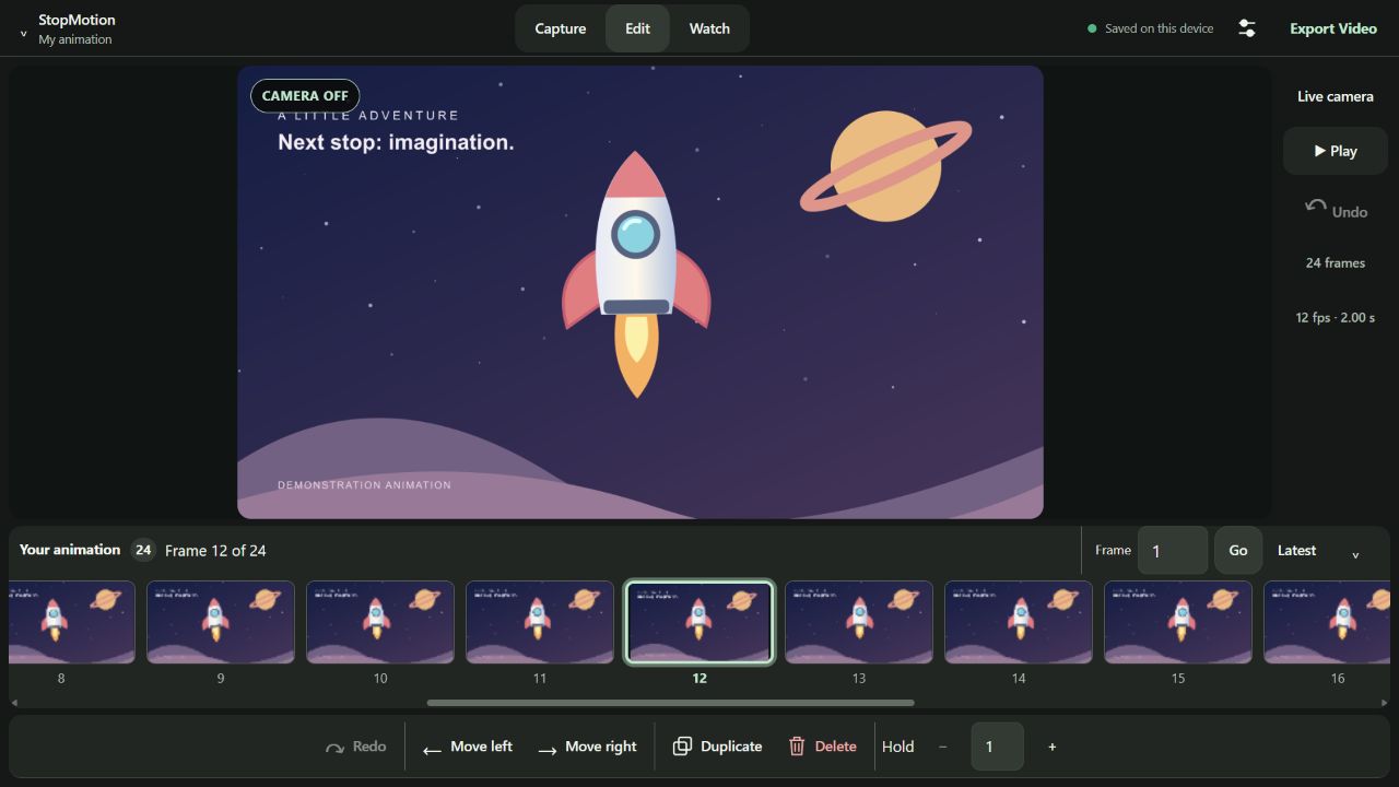 StopMotion editor displaying a cartoon rocket demonstration, 24 animation frames and timeline editing controls