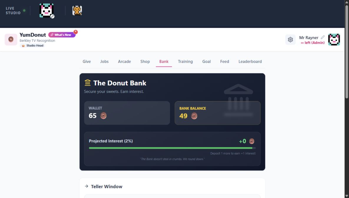 YumDonut’s virtual donut wallet, bank balance and interest preview in Carl’s account